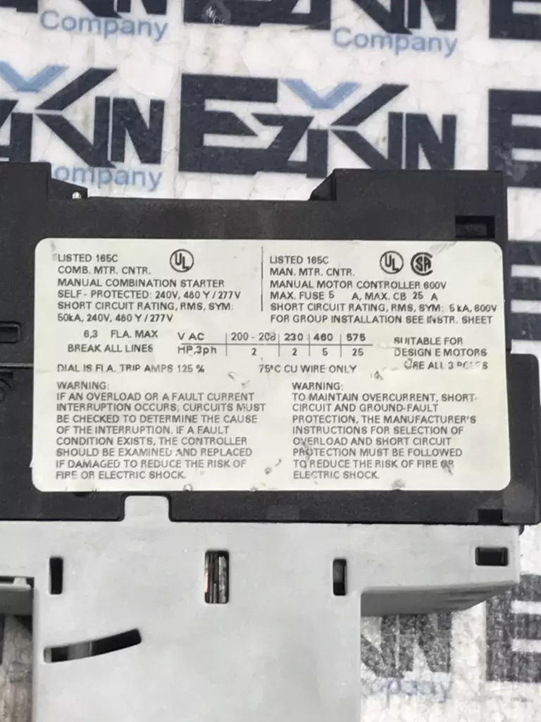 Siemens 3RV1021-1GA10 Motor Starter 600V 25Amp 3-Pole  4.5-6.3A 