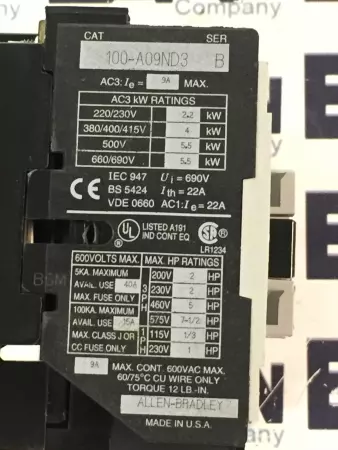 ALLEN BRADLEY 100-A09ND3 SER.B CONTACTOR 120V COIL 