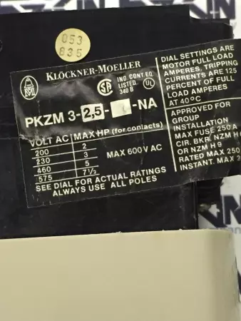 KLOCKNER-MOELLER PKZM 3-2,5- -NA MANUAL MOTOR STARTER