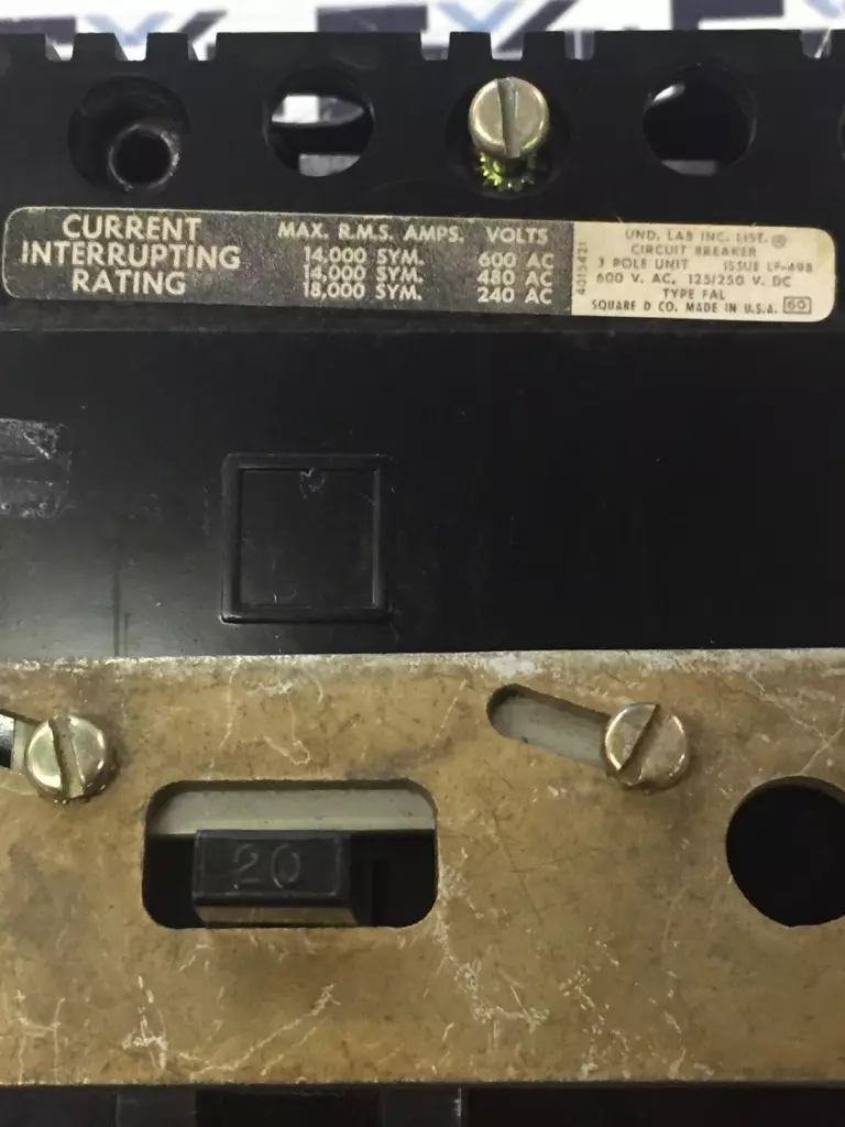 Square D FAL36020 Circuit Breaker 3-Pole 20Amp 600VAC/250VDC 