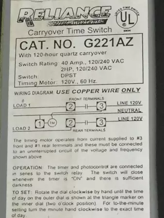 Reliance Electric G221AZ Carryover Time Switch 2HP 40A 120/240VAC 