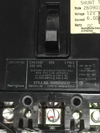 Westinghouse EHB3090 Circuit Breaker 3P 90A 480VAC 