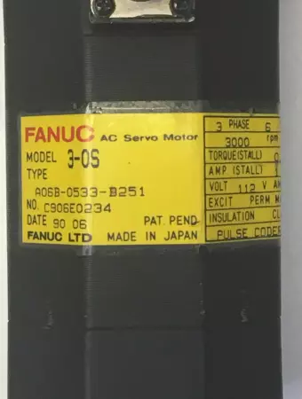 Fanuc A06B-0533-B251  Model 3-0S AC Servo Motor AS IS (Shaft Gear Bent)  