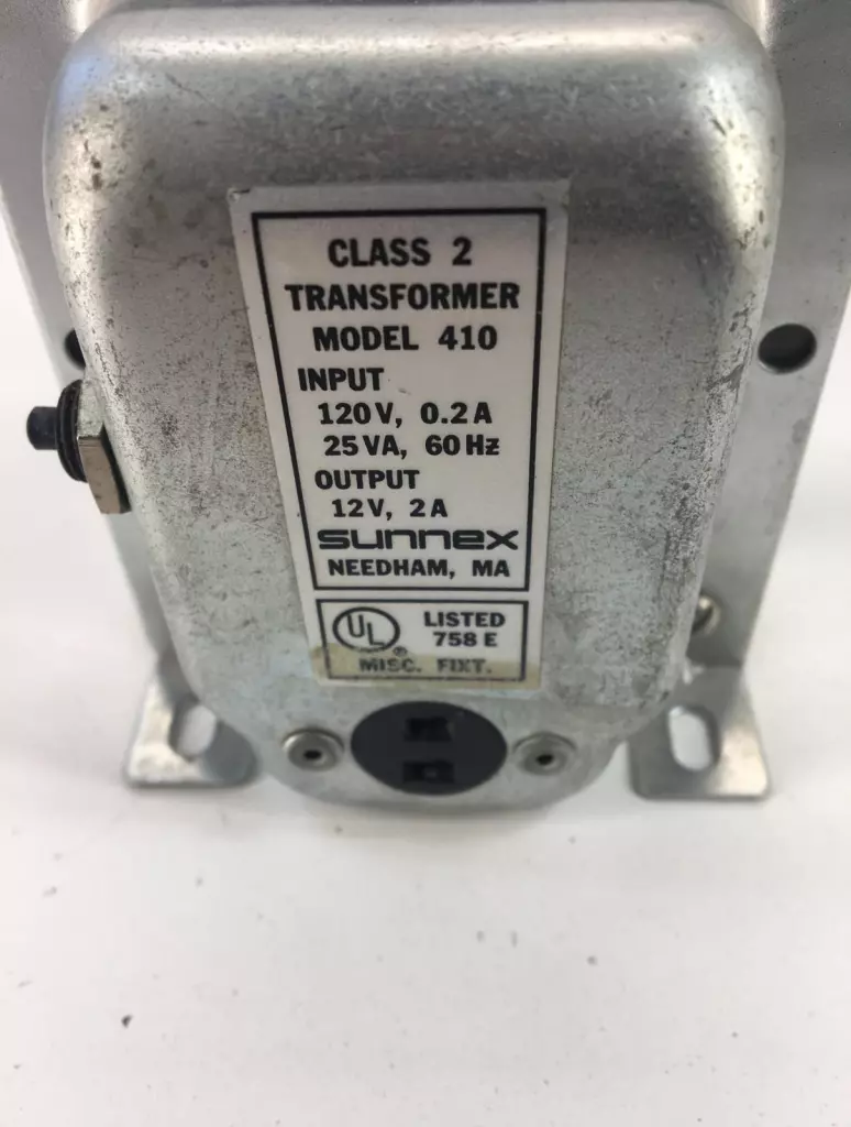 Sunnex MODEL 410 Class 2 Transformer, In 120VAC 0.2A Out 12VDC 2A 