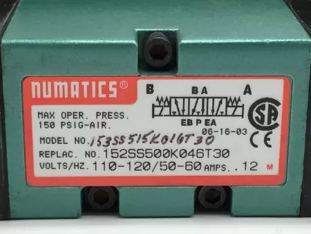 NUMATICS 153SS515K016T30 DOUBLE SOLENOID VALVE MARK 15 120V 60HZ 150PSIG 