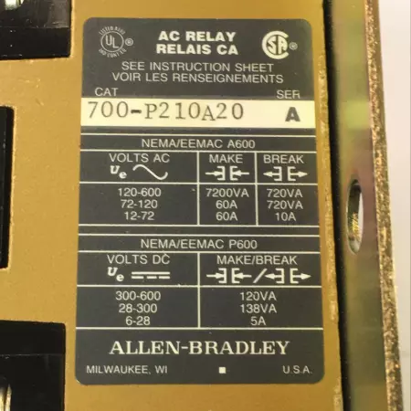 Allen-Bradley 841-ZOH SERIES F AC Relay Nema A600 600VAC 