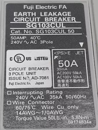 Fuji SG103CUL 50A Circuit Breaker 3 Pole 