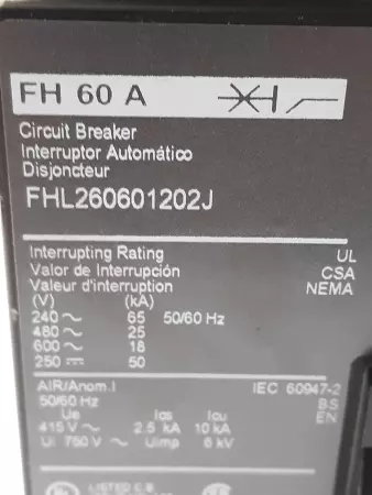 Fuji FHL260601202J Circuit Breaker 60A 600V 