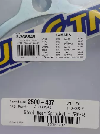 Sunstar 2-368549 Steel Rear Sprocket YAMAHA 49T 