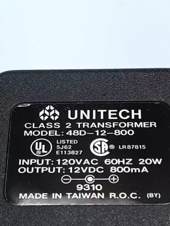 Unitech 48D-12-800 AC Power Adaptor Input 120VAC Output 12VDC 