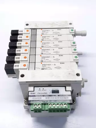 SMC EX120-SDN1 Serial Interface Unit w/ (6) VQ2101-5 Solenoid Valves 24VDC Valve