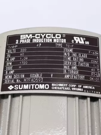 Sumitomo M7FAD593  CNHM02-5077-29 SM-Cyclo®Induction Motor, 0.25HP Frame 63M 