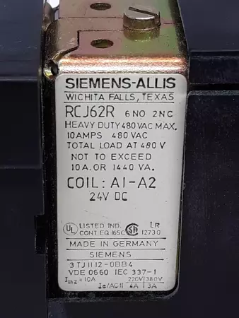 Siemens-Allis RCJ62R Contactor Block 10A 480VAC 24VDC Coil 