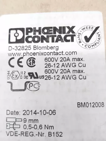 Phoenix Contact IEC60947-7-1 Terminal Block 600V 20A AWG 26-12 Lot of 10