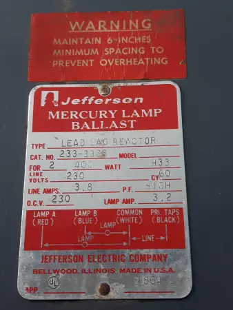 Jefferson 233-3333 Mercury Lamp Indoor Ballast 