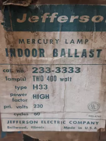 Jefferson 233-3333 Mercury Lamp Indoor Ballast 