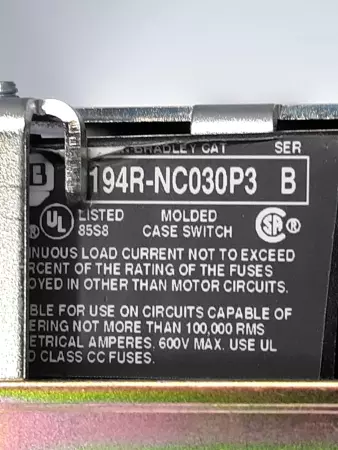 Allen Bradley 194R-NC030P3 SER.B 194RF-30 Molded Case Switch 