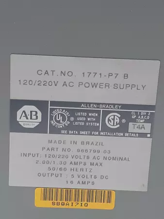 Allen-Bradley 1771-P7 B Power Supply 120/220VAC 