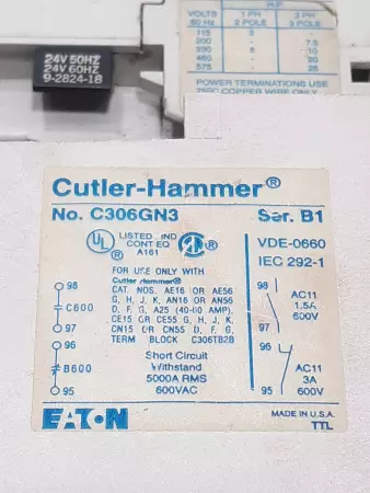 Cutler-Hammer 306GN3 SER.B1 Contactor 24V Coil / C320KGT6 Series A2 Aux 