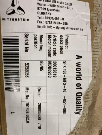 Alpha Wittenstein SPK-180-MF3-40 Right Angle Gearbox Ratio 40:1 