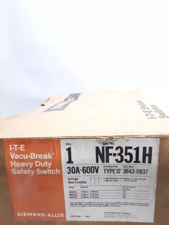 Siemens-Allis NF-351H I-T-E Vacu Break Heavy Duty Safety Switch 30A 600V 