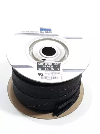 Alpha GRP 12ONF 11/2 BLACK 50FT Expandable Braided Polyester Sleeving 