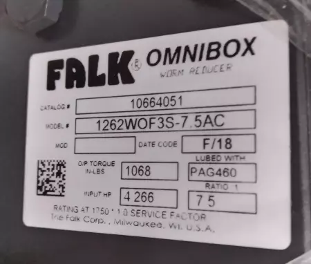 Falk 1262WOF3S-7.5AC Omnibox Worm Speed Reducer, 7.5:1 Ratio 4.26HP Input 