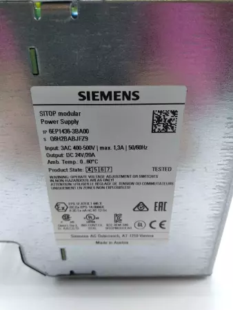 SIEMENS 6EP1436-3BA00 SITOP POWER 20 POWER SUPPLY 24VDC 