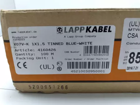 NEW LAPP KABEL X07V-K-1X1.5 TINNED BLUE-WHITE MACHINE WIRE 1 X 1.5 