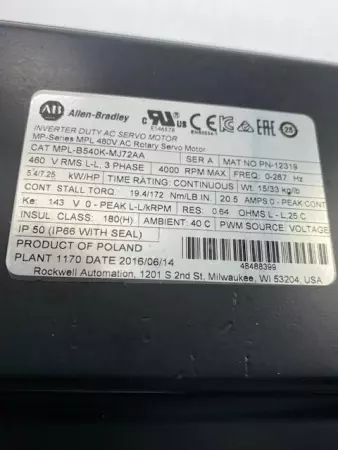 ALLEN BRADLEY MPL-B540K-MJ72AA Servo Motor, 460V, 4000-RPM, Series A 