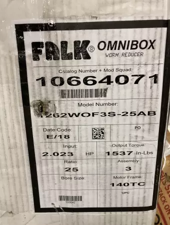 Falk 1262WOF3S-25AB Omnibox Worm Speed Reducer, 25:1 Ratio 2.023HP Input 