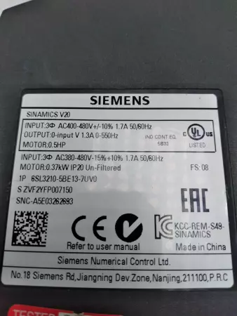 SINAMICS 6SL3210-5BE13-7UV0 DRIVE 0.37KW 400VAC 3PHASE UNFILTERED SINAMICS V20 