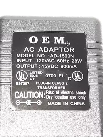 O E M AD-1590N Plug-In Class 2 Transformer Input 120VAC 28W Output 15VDC 