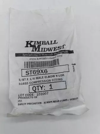 NEW Kimball Midwest ST69X6 K-Lock Male Elbow Connector 3/8T x 1/4 