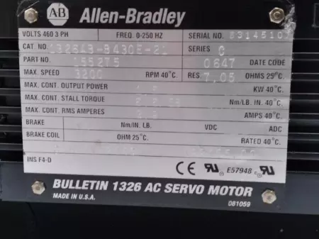 Allen-Bradley 1326AB-B430E-21 SER.C AC Servo Motor 1.5kW, Frame 108mm 