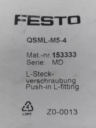 NEW Festo QSML-M5-4 Push-In L-Fitting Connector Lot of 6