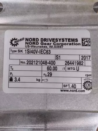 Nord Drivesystems SK63L/4 CUS Gearmotor 0.25HP W/Nord Gear Reducer 60:1 Ratio 