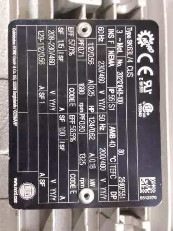 Nord Drivesystems SK63L/4 CUS Gearmotor 0.25HP W/Nord Gear Reducer 60:1 Ratio 