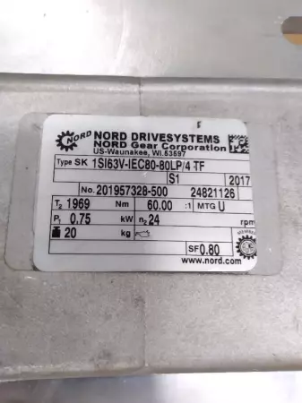 Nord Drivesystems SK80LP/4 CUS TF Gearmotor 1HP W/ Gear Reducer 60:1 Ratio 