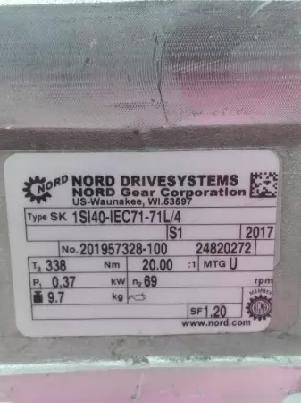 Nord Drivesystems SK7L/4 CUS Gearmotor 0.37kW W/ Nord Gear Reducer 20:1 Ratio 