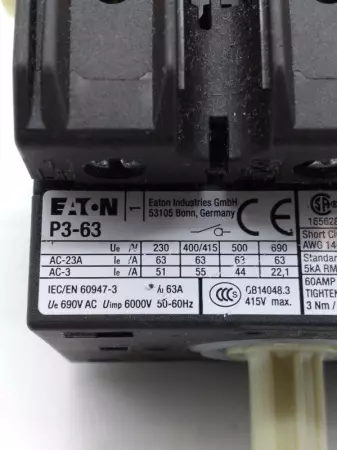  Eaton P3-63 Disconnect Switch, MISSING KNOB 