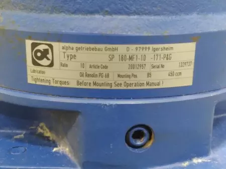 Alpha SP180-MF1-10-171 Gearbox 1:10 Ratio 