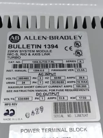 Allen-Bradley 1394-SJT22-T-RL SER.A Servo Drive Controller 22kW 