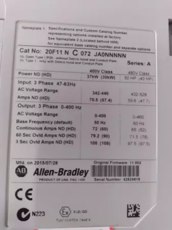 Allen-Bradley 20F11 N C072 JA0NNNNN SER.A PowerFlex 753 Drive, 50HP 