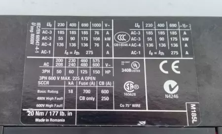 Moeller DIL M185 Contactor 600V 225A w/Coperture 