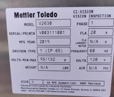 Metler Toledo V2630 CI-Vision Inspection System 