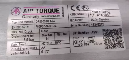 Air Torque DR00060U AJA Pneumatic Valve Actuator Assy W/Jacob Valve 100mm 