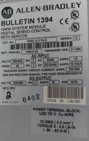 Allen-Bradley 1394-SJT10-D SER.D KINETIX Digital Servo Controller 10kW 