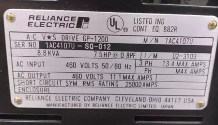 Reliance Electric 1AC4107U-SQ-012 AC Drive, 7.5HP 8.8kVA 