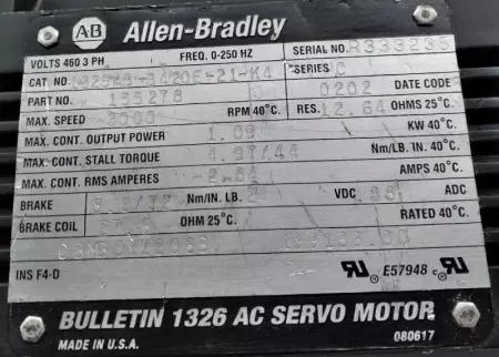 Allen-Bradley 1326AB-B420E-21-K4 AC Servo Motor, 1.09kW 108mm Frame 